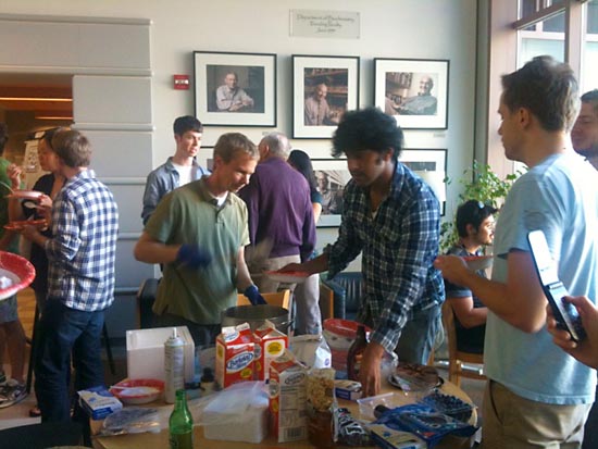 Raghu and Jonathan make liquid nitrogen ice cream for a Biochemistry happy hour.